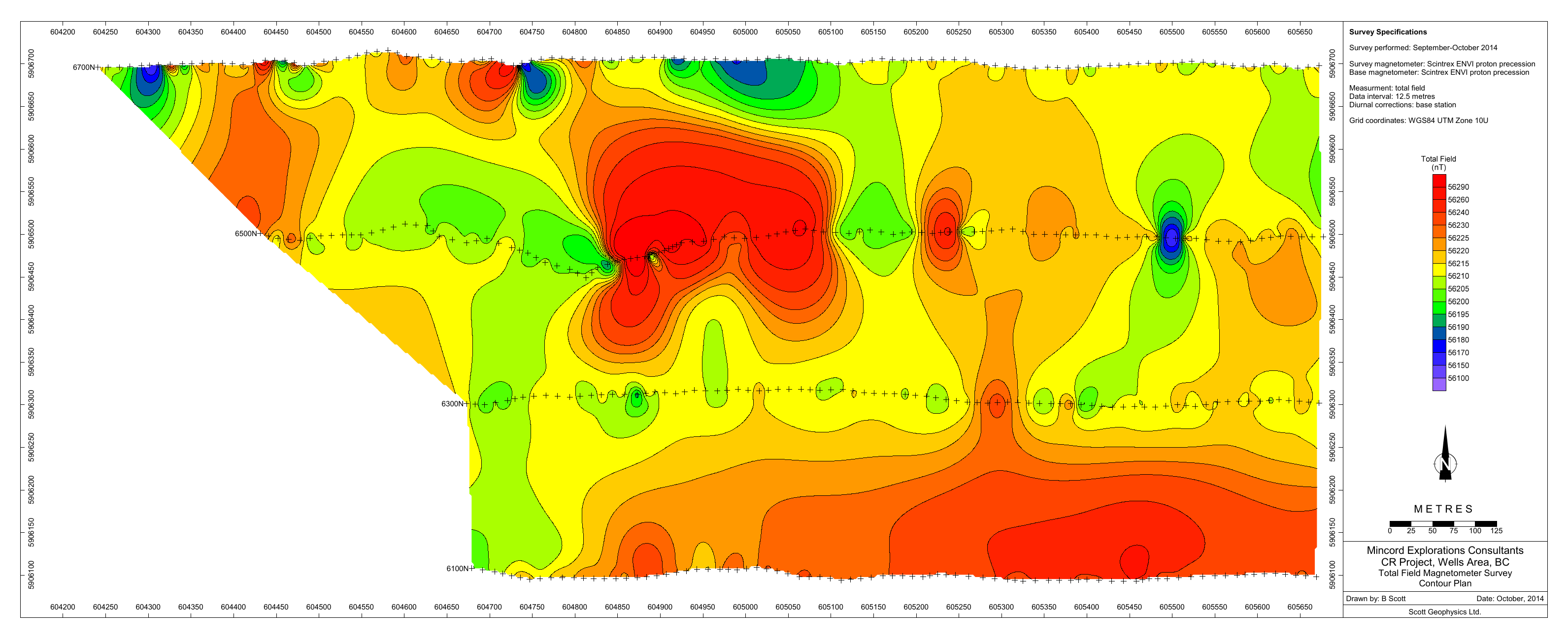 Total-field magnetics contour map of the CR project area near Wells, British Columbia