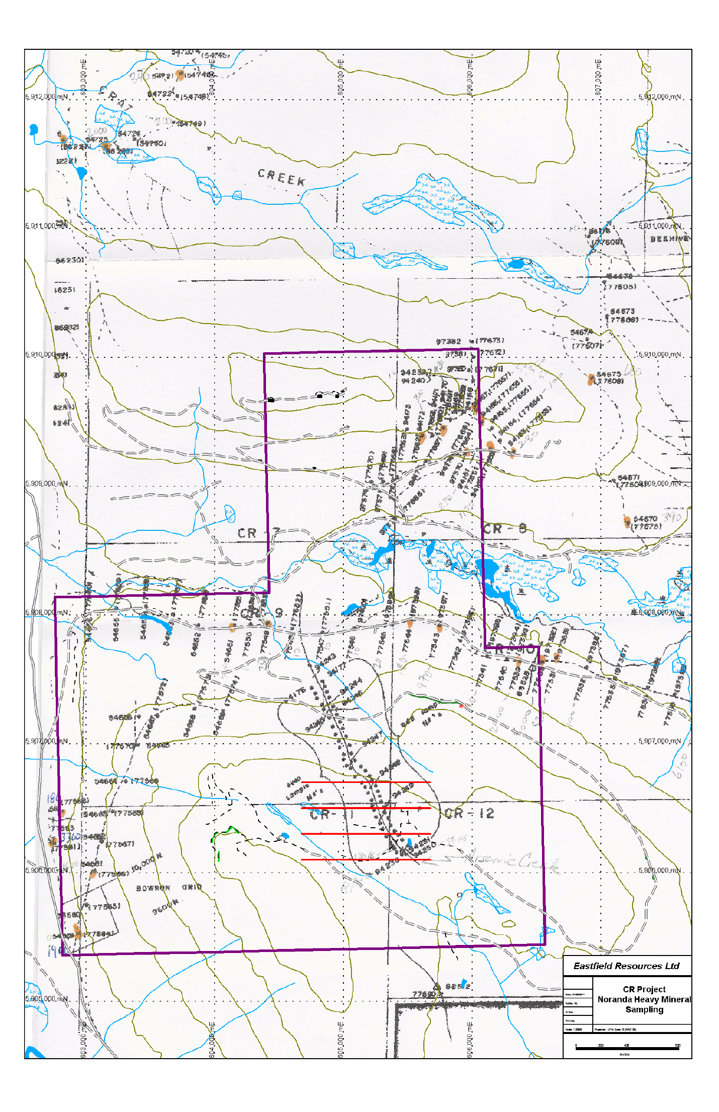 Compilation map of historical Noranda heavy-mineral sampling anomalies in the CR project area