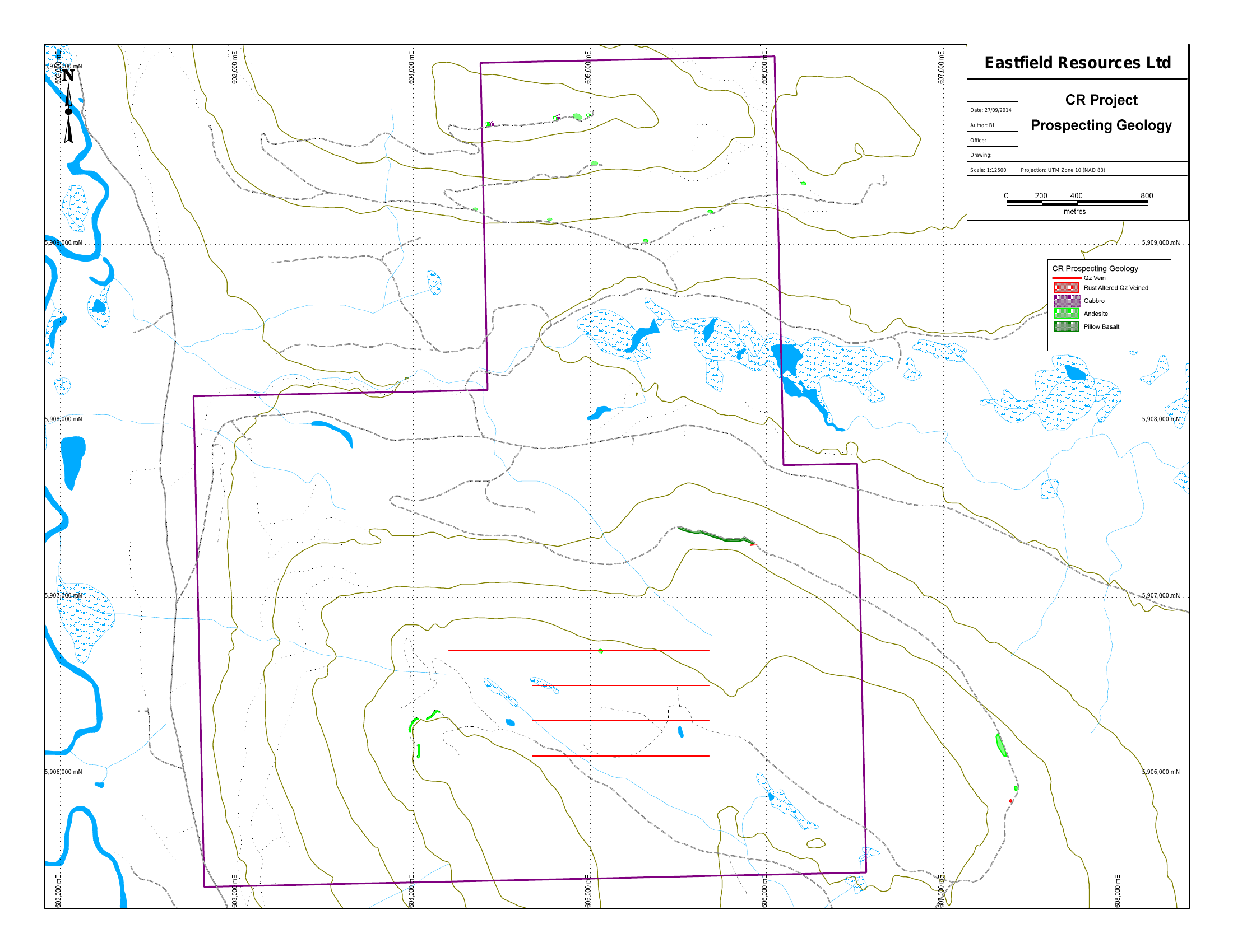 Prospecting geology map of the CR project showing mapped units, structures and sample locations