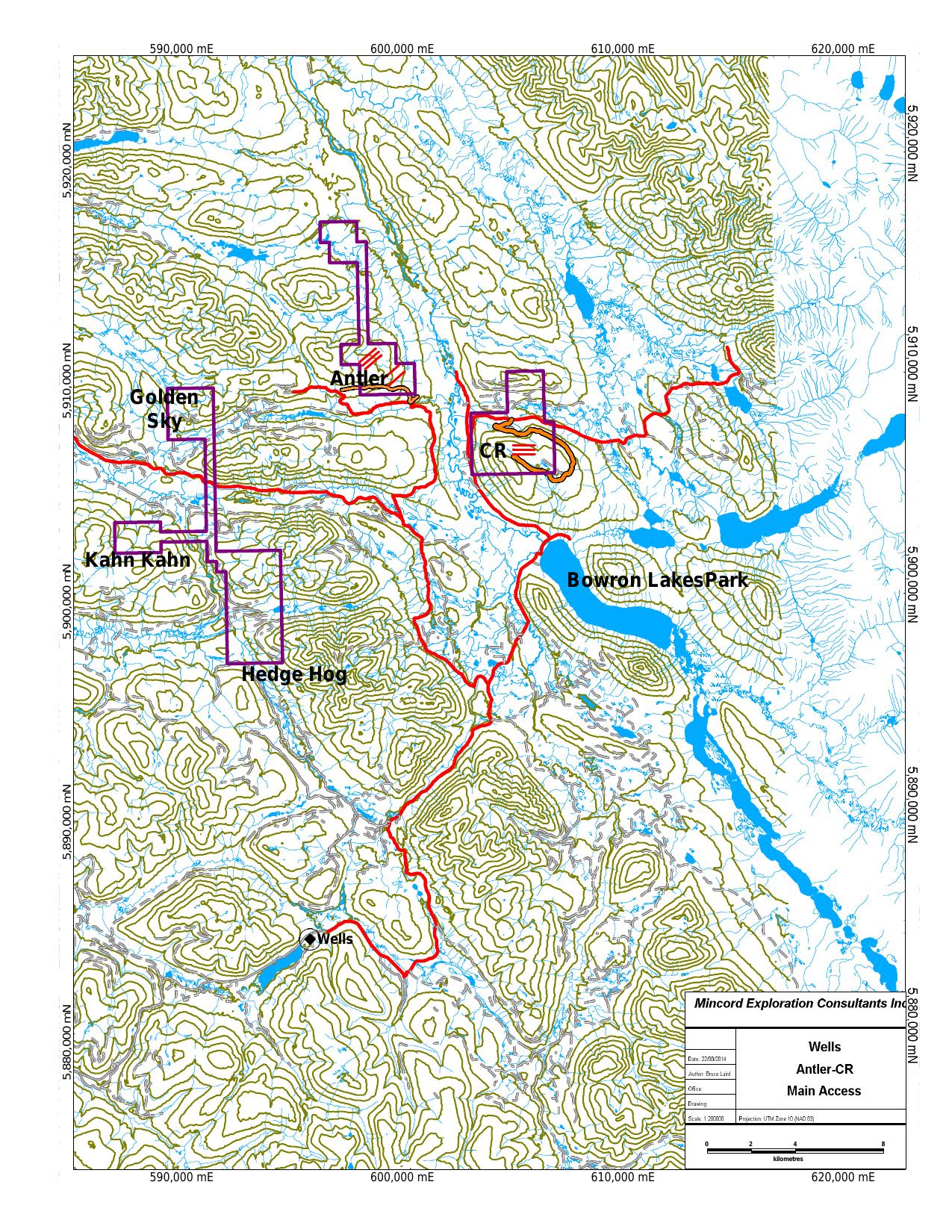 Regional location and access map for the CR project area near Wells and Barkerville, British Columbia