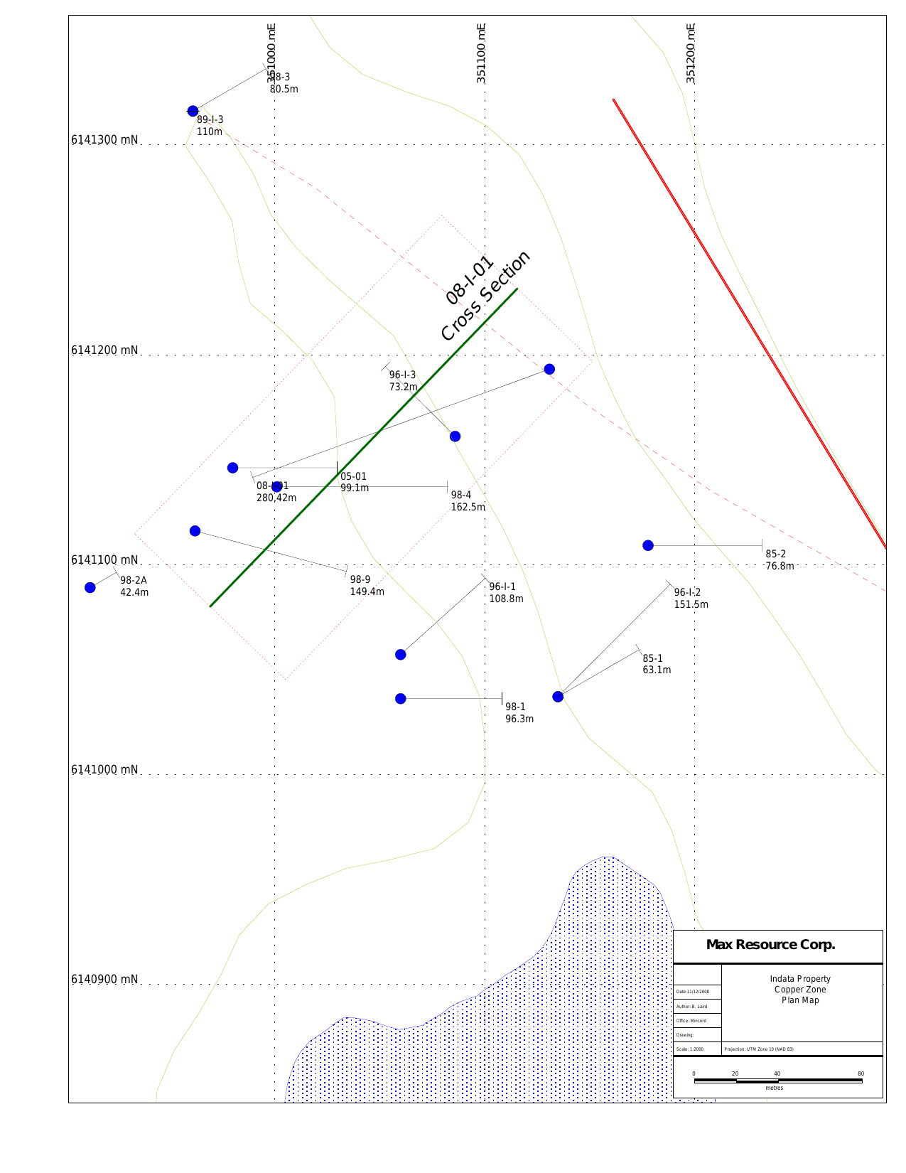 Copper Zone drill plan map, Indata property, showing 2008 diamond drill-hole locations and traces