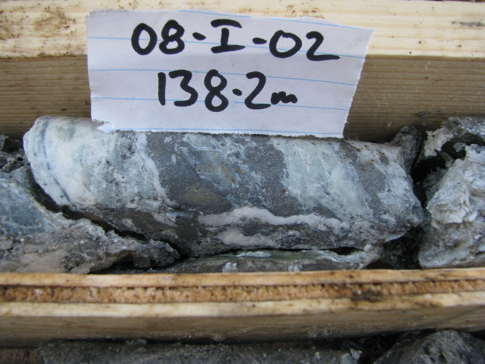 Boxed drill core from hole 08-I-02 at 138.2 metres depth, Indata property, 2008 drill program