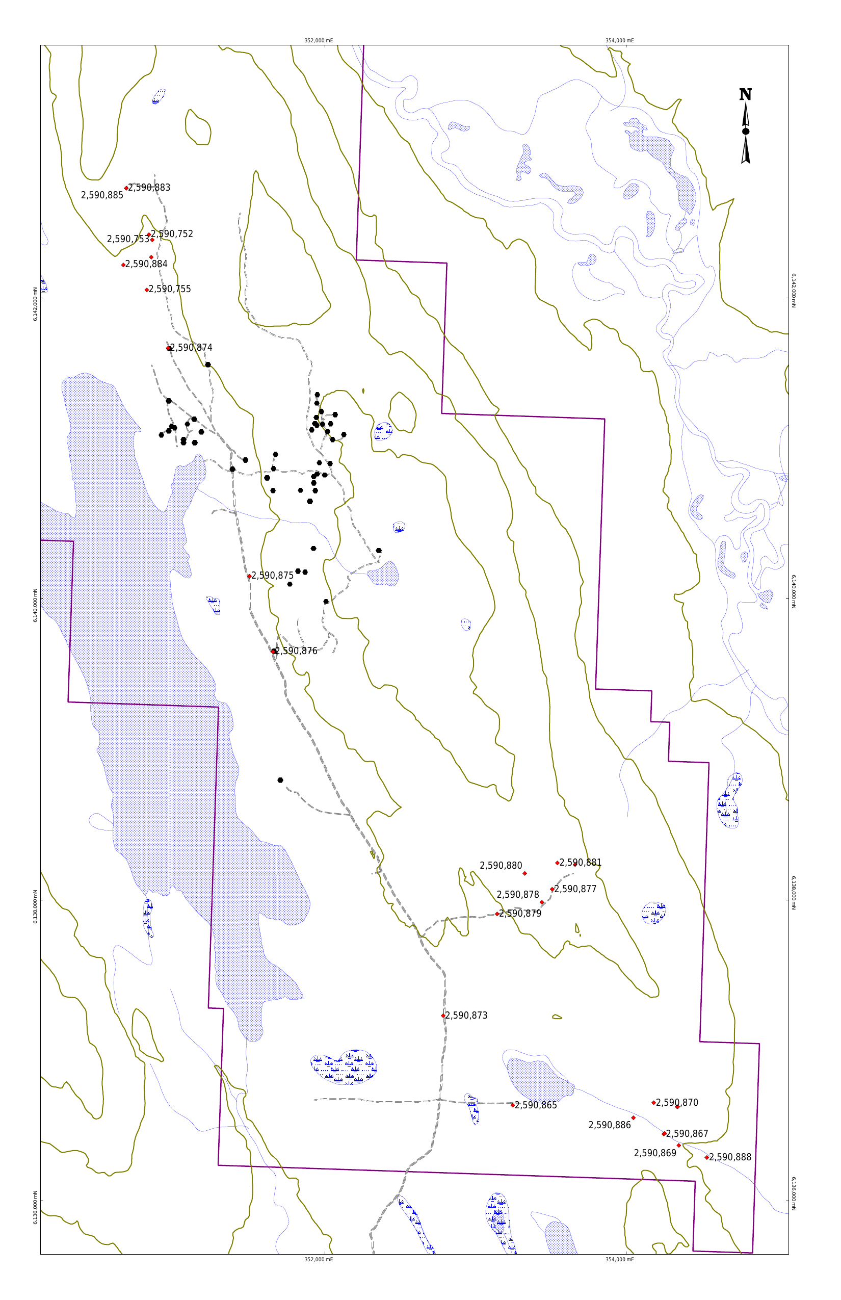 Rock sample location map, Indata property, showing 2013 sample sites over claim outlines and topography