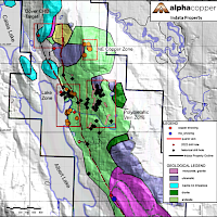 Indata property geology with mineralized zones highlighted (from NI 43-101 technical report on the Indata Property; Johnston, 2015)