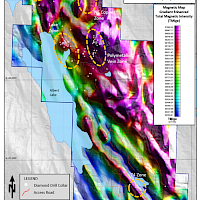 Enhanced gradient total magnetic intensity map of Indata mineralized zones from data collected by Precision Geosurveys Inc. in June 2023.